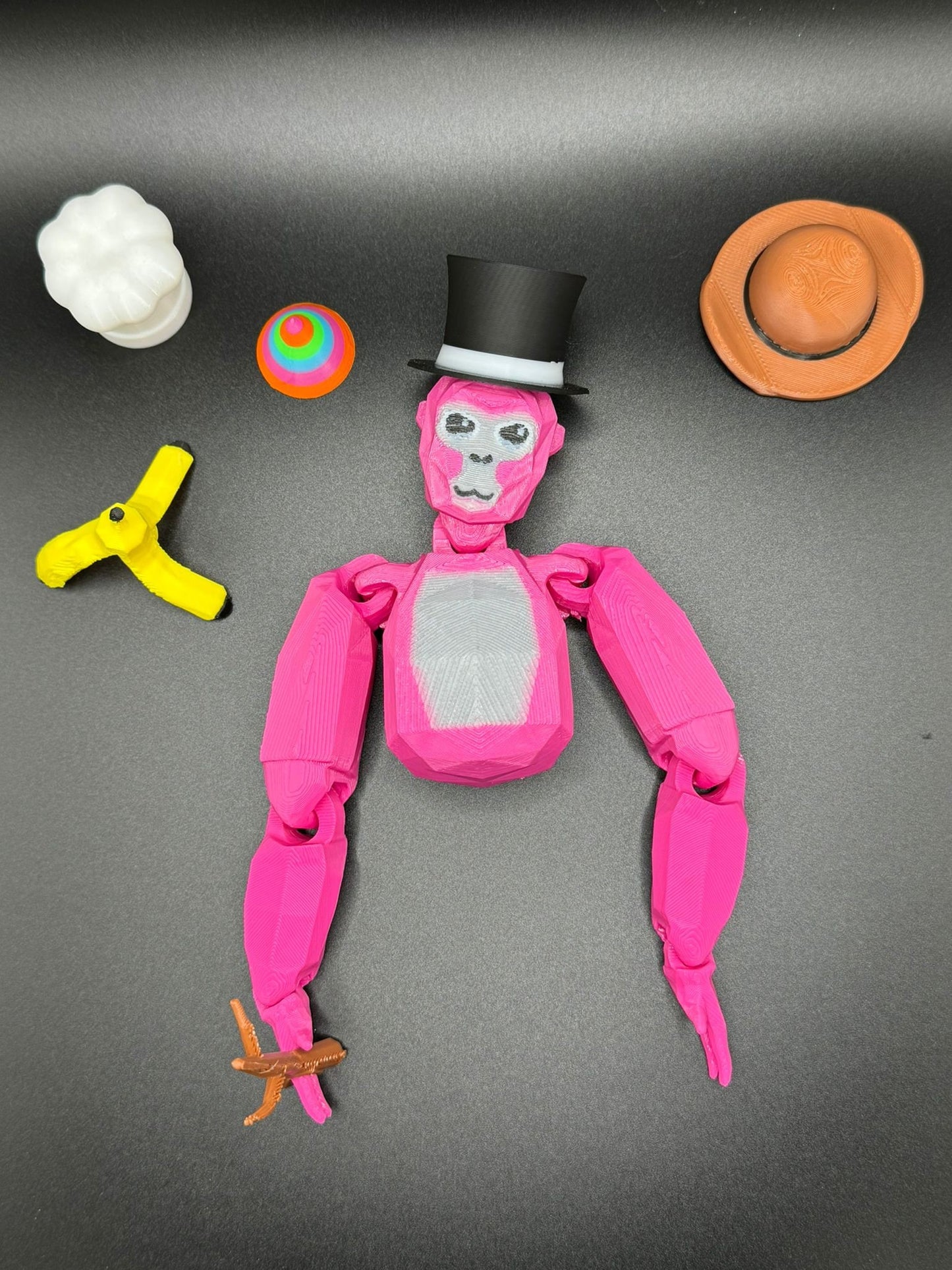 Deluxe Large Gorilla Tag Toy with 6 accessories inc - Admin Stick , Top hat , Chef Hat , Party Hat , Cowboy Hat & Banana Hat.