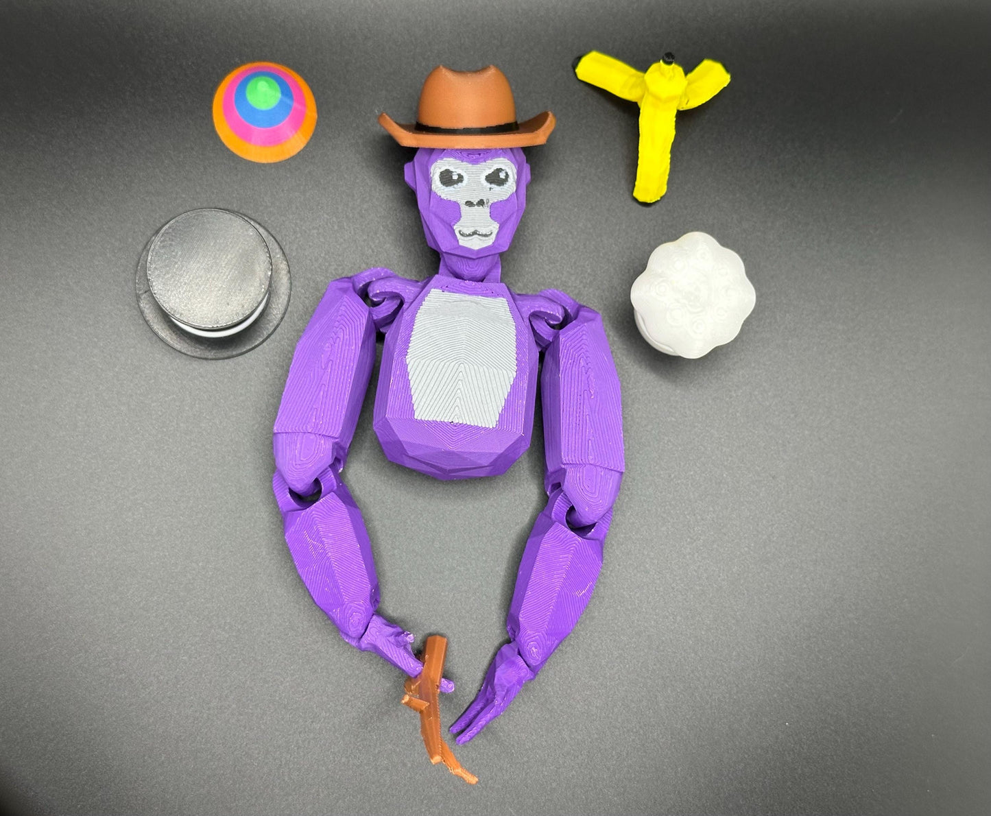 Deluxe Large Gorilla Tag Toy with 6 accessories inc - Admin Stick , Top hat , Chef Hat , Party Hat , Cowboy Hat & Banana Hat.